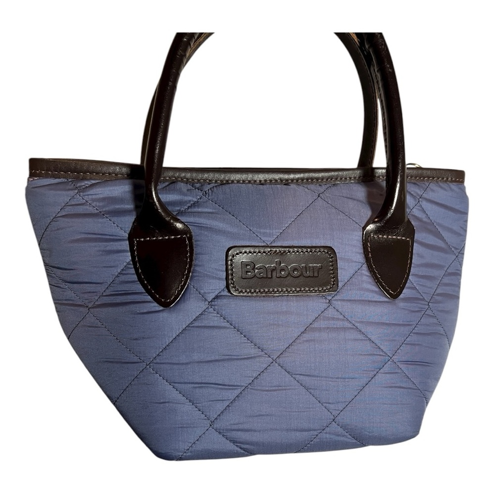 Barbour Small Quilted Blue Tote Bag with Brown Leather trim